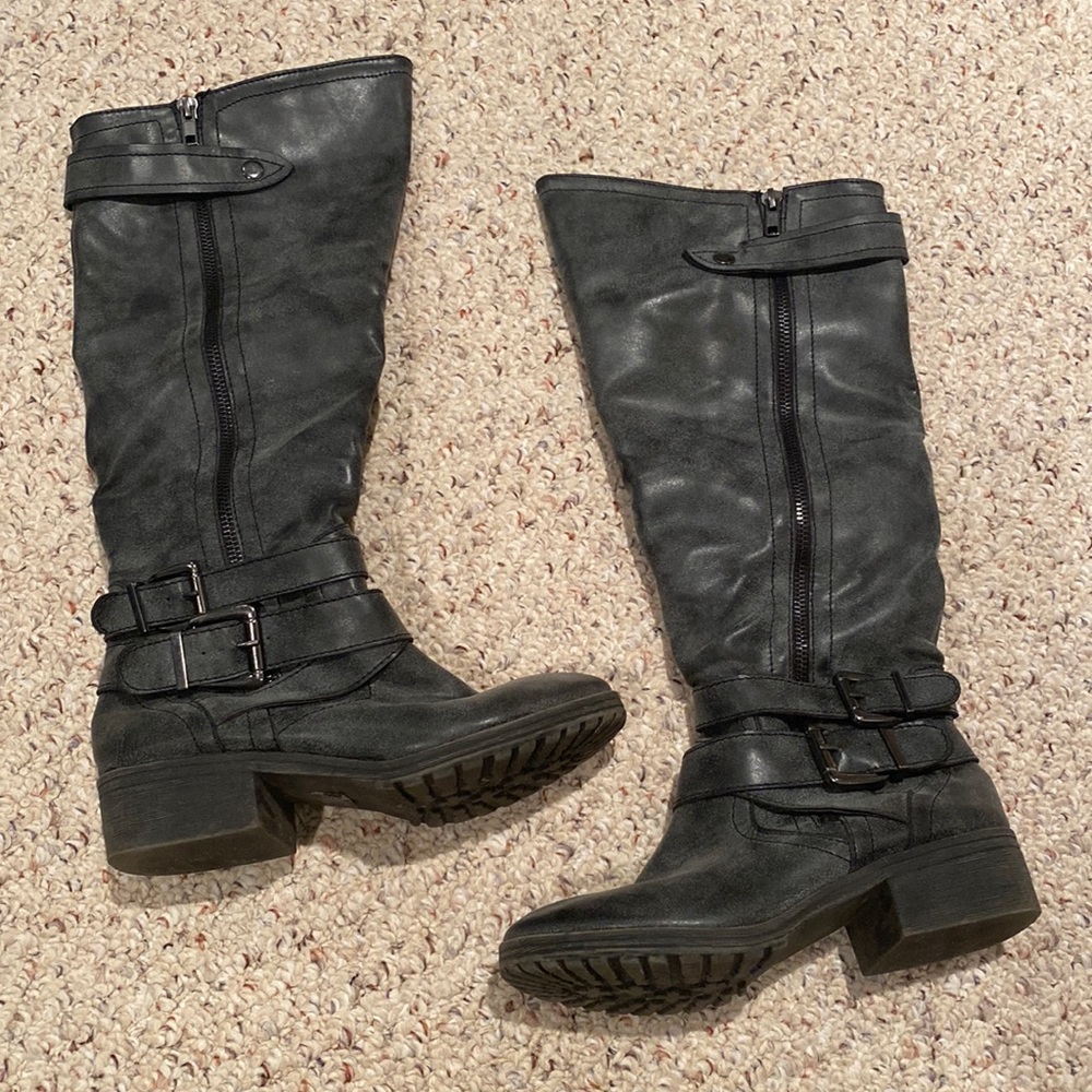 Grey Faux Leather Riding Boots